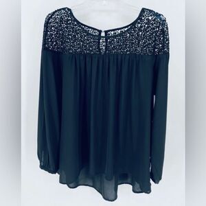 LOFT Black Lace Yoke Long Sleeve Blouse